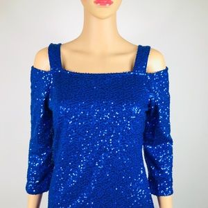 Blue Sequinned Cold-Shoulder Top K#10